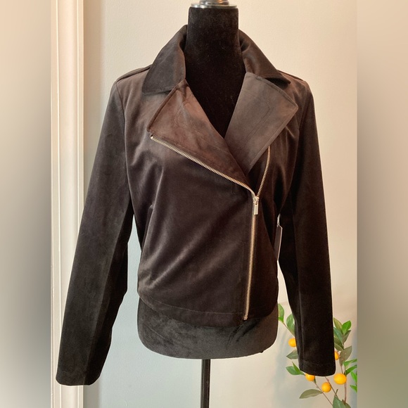 NWT LC Lauren Conrad Black Sueded Moto Jacket Collar Zippered Black Moto Coat - Picture 3 of 13